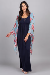 Light Blue Floral Chiffon Draped Cover Up