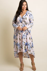 Light Pink Floral Bell Sleeve Hi-Low Plus Wrap Dress