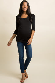 PinkBlush Black Solid 3/4 Sleeve Ruched Maternity Top