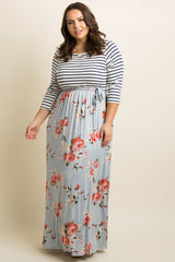 Blue Striped Colorblock Floral Plus Maternity Maxi Dress