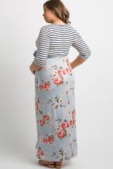 Blue Striped Colorblock Floral Plus Maternity Maxi Dress