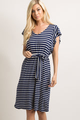 Navy Blue Striped Sash Tie Flounce Trim Dress