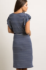 Navy Blue Striped Sash Tie Flounce Trim Maternity Dress