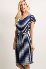 Navy Blue Striped Sash Tie Flounce Trim Dress