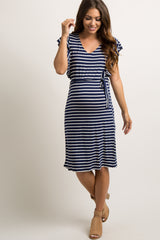 Navy Blue Striped Sash Tie Flounce Trim Maternity Dress