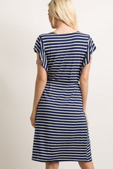 Navy Blue Striped Sash Tie Flounce Trim Dress