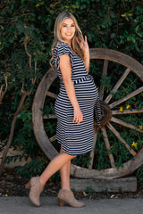 Navy Blue Striped Sash Tie Flounce Trim Maternity Dress