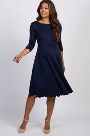 Tall Navy Blue Solid Scalloped Hem Maternity Dress