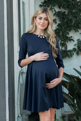 PinkBlush Petite Navy Solid Scalloped Hem Maternity Dress