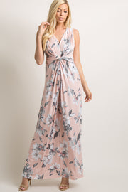 Light Pink Floral Sleeveless Knot Front Maxi Dress