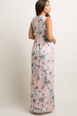 Light Pink Floral Sleeveless Knot Front Maternity Maxi Dress