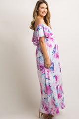 PinkBlush Ivory Floral Ruffle Sash Tie Maternity Maxi Dress