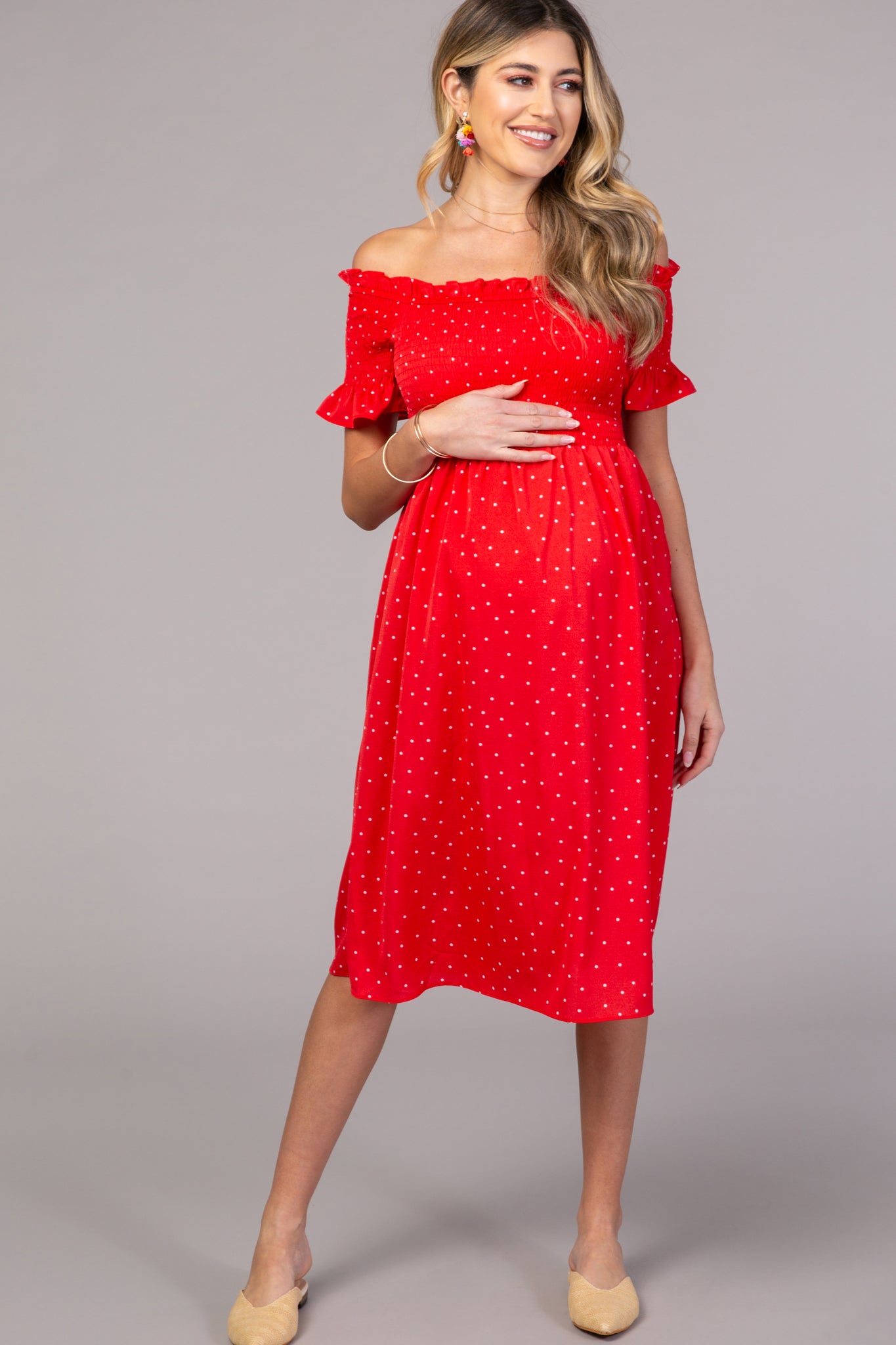 Red Polka Dot Smocked Maternity Midi Dress
