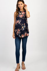 Navy Blue Floral Sleeveless Maternity Top