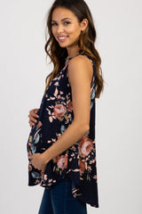 Navy Blue Floral Sleeveless Maternity Top