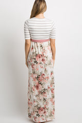 Ivory Striped Colorblock Floral Maternity Maxi Dress