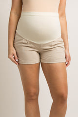 Beige Pleated Cuffed Linen Maternity Shorts