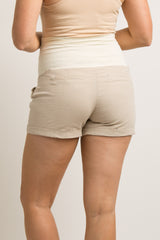 Beige Pleated Cuffed Linen Maternity Shorts