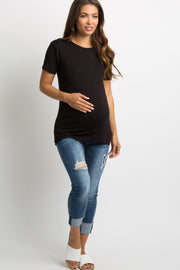 Black Solid Short Sleeve Maternity Top