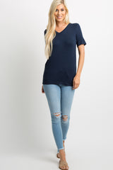 Navy Blue Basic V-Neck Top