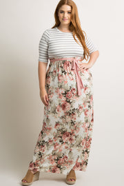 Ivory Striped Colorblock Floral Plus Maxi Dress