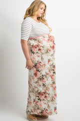 Ivory Striped Colorblock Floral Maternity Plus Maxi Dress