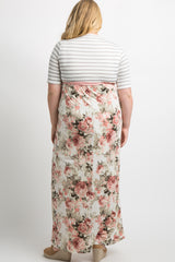 Ivory Striped Colorblock Floral Maternity Plus Maxi Dress