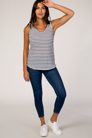 Navy Blue Striped Shoulder Knot Knit Top