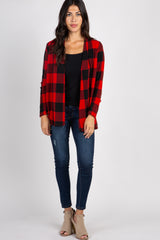 Red Plaid Suede Elbow Cardigan