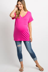 Fuchsia V-Neck Pocket Accent Maternity Top