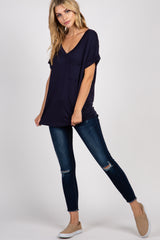 Navy Basic V-Neck Pocket Top