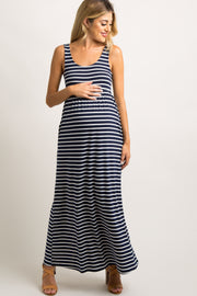 Navy Blue Striped Sleeveless Maternity Maxi Dress