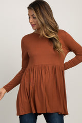 Rust Solid Long Sleeve Peplum Top