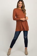 Rust Solid Long Sleeve Peplum Top