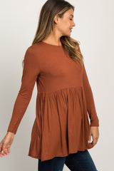 Rust Solid Long Sleeve Peplum Top