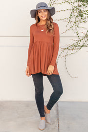 Rust Solid Long Sleeve Peplum Top