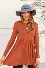 Rust Solid Long Sleeve Peplum Top