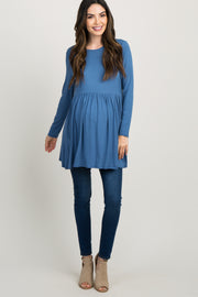 Blue Solid Long Sleeve Peplum Maternity Top