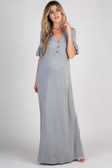 Heather Grey Button Ruffle Sleeve Maternity Maxi Dress