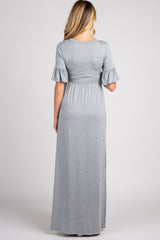 Heather Grey Button Ruffle Sleeve Maternity Maxi Dress