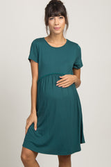 PinkBlush Teal Solid Crochet Trim Maternity Shift Dress