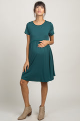 PinkBlush Teal Solid Crochet Trim Maternity Shift Dress