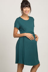 PinkBlush Teal Solid Crochet Trim Maternity Shift Dress