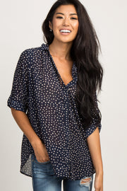 Navy Blue Polka Dot Chiffon Blouse