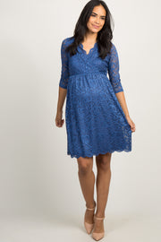 PinkBlush Blue Lace Overlay Maternity Wrap Dress