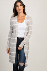 Grey Striped Knit Long Cardigan