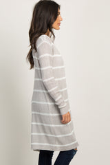 Grey Striped Knit Long Cardigan