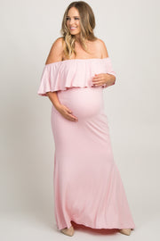 Pink Ruffle Off Shoulder Mermaid Plus Maternity Photoshoot Gown/Dress