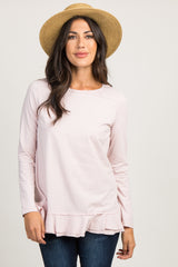 Light Pink Pinstriped Raw Cut Ruffle Trim Top