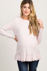 Light Pink Pinstriped Raw Cut Ruffle Trim Maternity Top